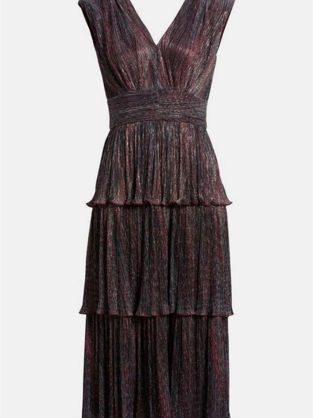 Vince Camuto Metallic Plum Tiered V-Neck Midi Dress